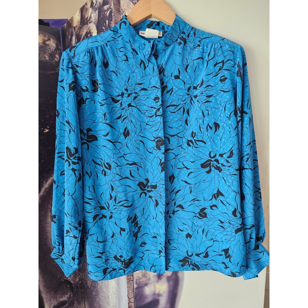 Macshore Classics Blue Black Floral Print Long Sleeve Button Up Blouse Size 12